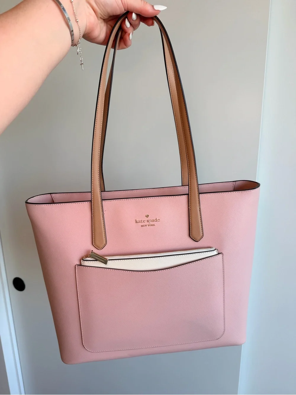 kate spade Pink Tote with Tan Straps and White Pouch
